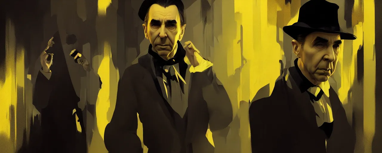 Prompt: duotone noir crimnson concept illustration 3 / 4 portrait of bela lugosi. cinematic scene film noir. volumetric lighting. golden rario accidental renaissance. by sachin teng and sergey kolesov and ruan jia and heng z. graffiti art, scifi, fantasy, hyper detailed. octane render. concept art. trending on artstation