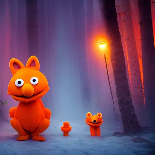 Image similar to a large orange fox kitsune two tailed muppet wearing a hooded cloak holding a lit torch and herding a bunch of random muppet animals following behind through a dark foreboding misty blue forest at night, sesame street, photograph, photography, ultrarealistic, national geographic