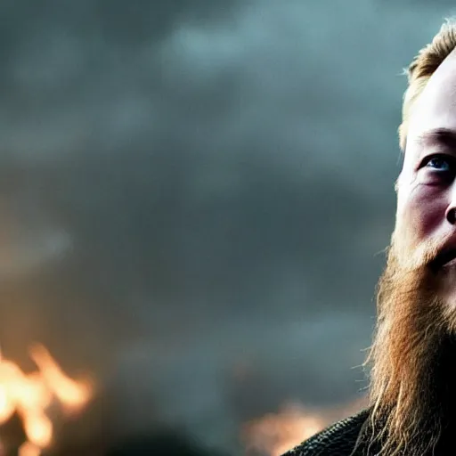 Image similar to elon musk as ragnar lothbrok in viking still from tv - series portrait tattooed face blue eyes close up looking in camera