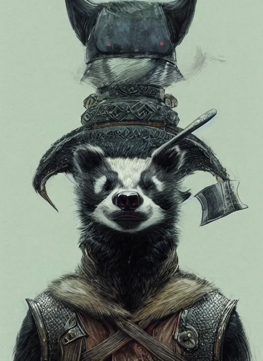 Image similar to a fantasy character illustration portrait of an anthropomorphic badger warrior, by victo ngai, by stephen gammell, by george ault, artstation