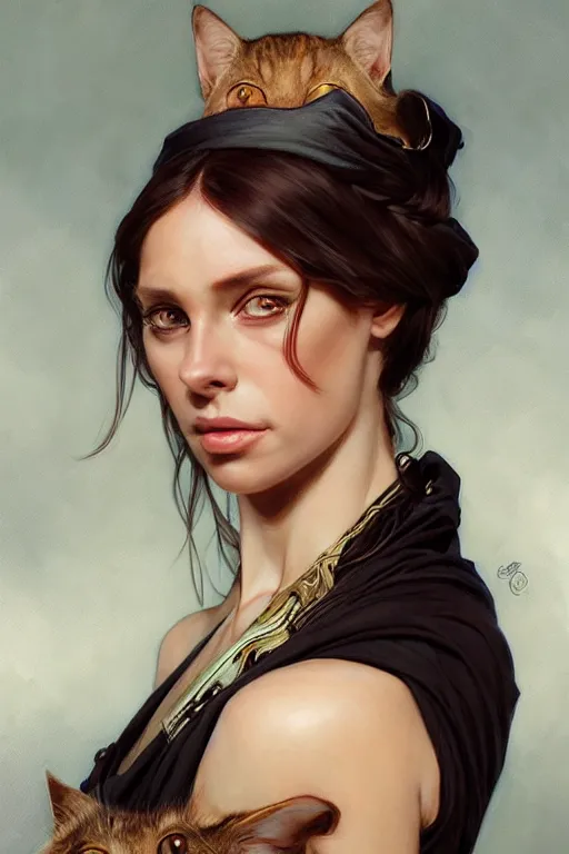 Image similar to portrait of a queen cat lady, dark, piercing eyes, gentle expression, elegant clothing, photorealistic, highly detailed, artstation, smooth, sharp focus, art by michael whelan, artgerm, greg rutkowski and alphonse mucha