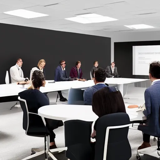 Prompt: a long shot, color studio photographic of a well designed conference meeting room with several business persons actively discussing and expressing various opinions, dramatic backlighting, photo from business insider 2 0 1 9, ultra realistic