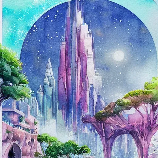 Image similar to Beautiful happy picturesque charming sci-fi city in harmony with nature. Beautiful light. Water and plants. Nice colour scheme, soft warm colour. Beautiful detailed watercolor by Lurid. (2022)