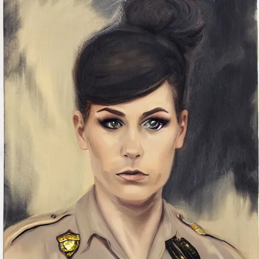 Image similar to portrait of young woman, green eyes, brunette, flipped out hair, officer uniform