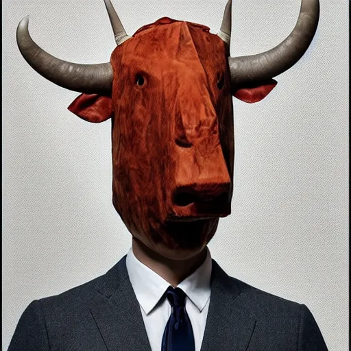 Image similar to high quality picture of a man in a suit wearing a latex mask of a mad horrific cow, by James Jean, natural lighting