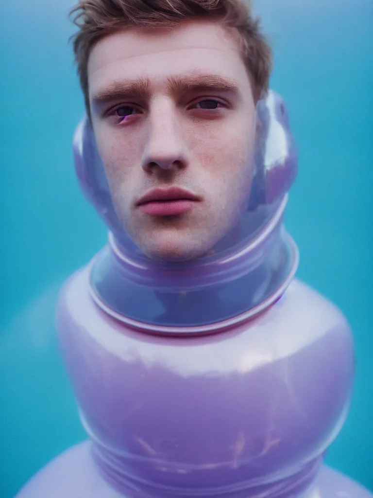 Prompt: high quality pastel coloured close up film portrait photograph of a beautiful twenty year young male, soft facial features, short hair, perspex space helmet and oversized inflated clothing!! in an icelandic black rock pool environment. atmospheric three point light. photographic. art directed. ( pastel colours ). volumetric. clearcoat. waves. 8 k. filmic.