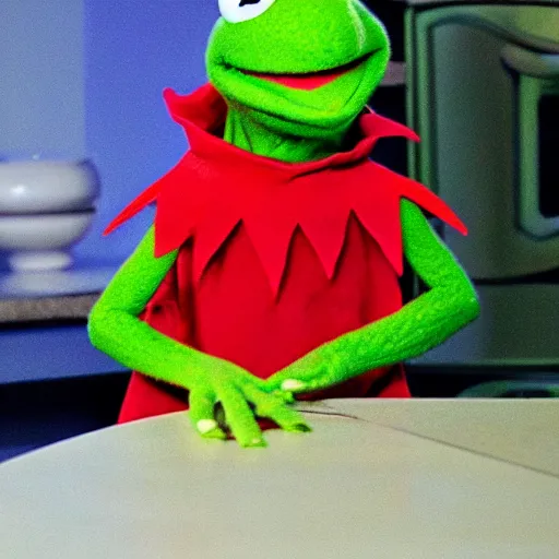 Image similar to kermit the frog and alf laughing on kitchen table. white powder in lines on mirror surface