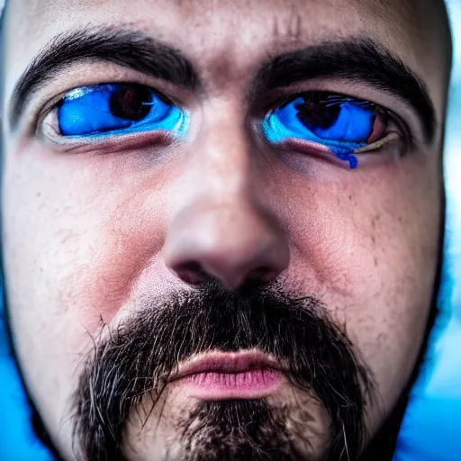 Image similar to fish eye lens close up photograph of a man with blue skin and a goatee side eyeing the camera with a sympathetic look