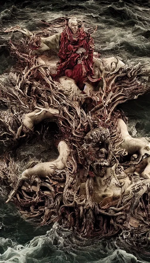 Prompt: man on boat crossing a body of water in hell with creatures in the water, sea of souls, by kirsty mitchell