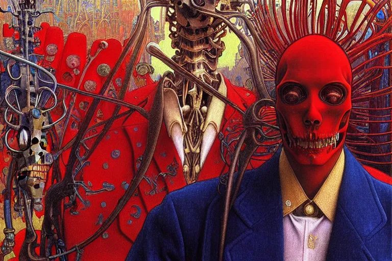 Image similar to realistic detailed closeup portrait painting of a single skeleton wearing red velvet blazer in a crowded futuristic moscow street by Jean Delville, Amano, Yves Tanguy, Alphonse Mucha, Ernst Haeckel, Edward Robert Hughes, Roger Dean, rich moody colours, blue eyes