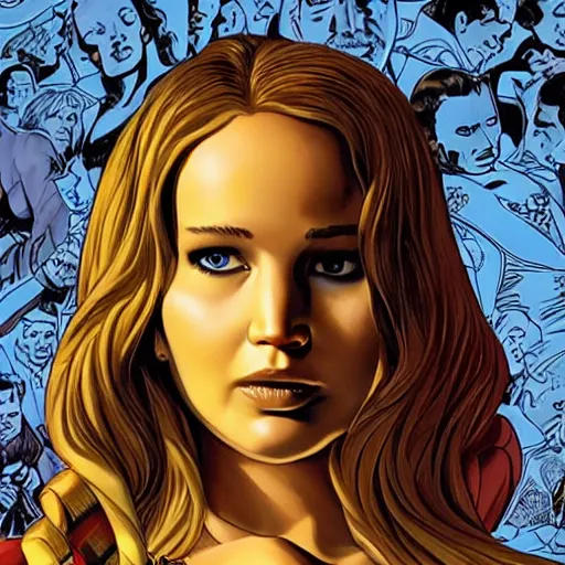 Prompt: jennifer lawrence by artgem by brian bolland by alex ross by artgem by brian bolland by alex rossby artgem by brian bolland by alex ross by artgem by brian bolland by alex ross