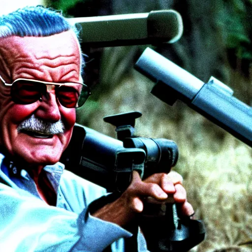 Prompt: High quality screenshot of Stan Lee as Rambo (1995) with a minigun