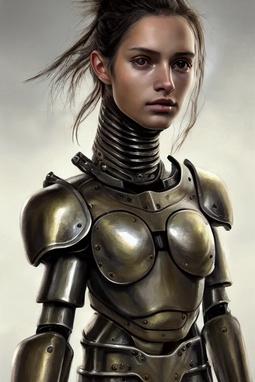 Image similar to a photorealistic painted portrait of an attractive young girl, partially clothed in dull metal-plated battle armor, olive skin, long dark hair, dirty skin, beautiful bone structure, symmetric facial features, perfect photorealistic eyes, natural physique, intricate, elegant, digital painting, concept art, finely detailed, beautifully illustrated, sharp focus, minimal artifacts, from Metal Gear, by Ruan Jia and Mandy Jurgens and Artgerm and William-Adolphe Bouguerea, in the style of Greg Rutkowski, trending on Artstation, award winning