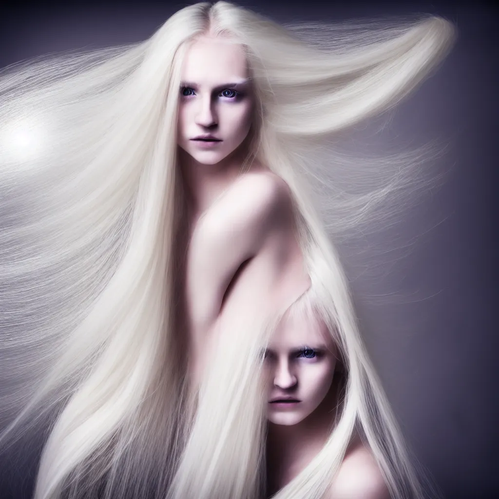 Image similar to photo portrait of a young woman with long blond hair dressed in long white, fine art photography light painting in style of Paolo Roversi, professional studio lighting, dark background, hyper realistic photography, fashion magazine style