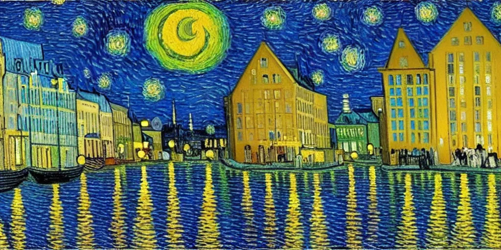 Prompt: a painting of the city of Rostock in the style of Vincent van Gogh, starry night, blue and yellow