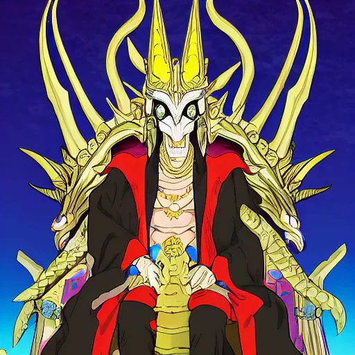 Image similar to concept art painting of a king with ornate robes, a long dragon neck, and horned skull mask, sitting on a throne, anime style, cel shaded, in the style of makoto shinkai and james gurney and studio ghibli and moebius