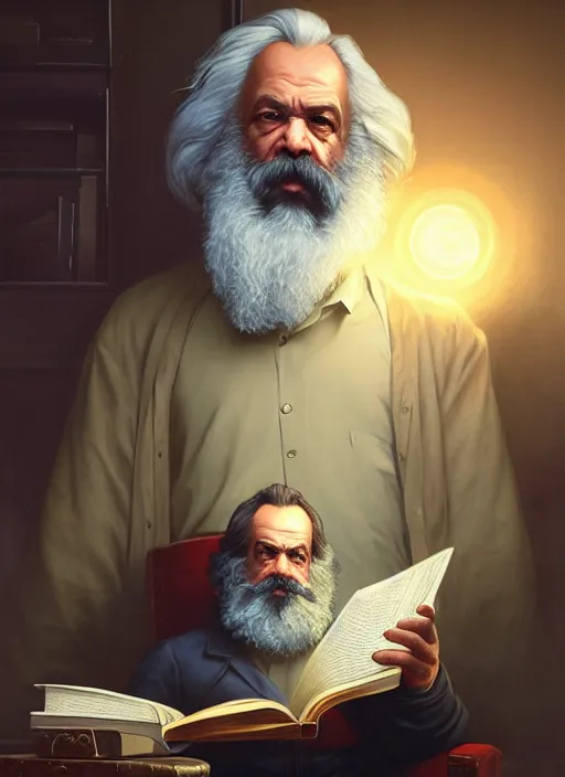 Image similar to highly detailed portrait karl marx reading a book in gta v, stephen bliss, unreal engine, fantasy art by greg rutkowski, loish, rhads, ferdinand knab, makoto shinkai and lois van baarle, ilya kuvshinov, rossdraws, tom bagshaw, global illumination, radiant light, detailed and intricate environment