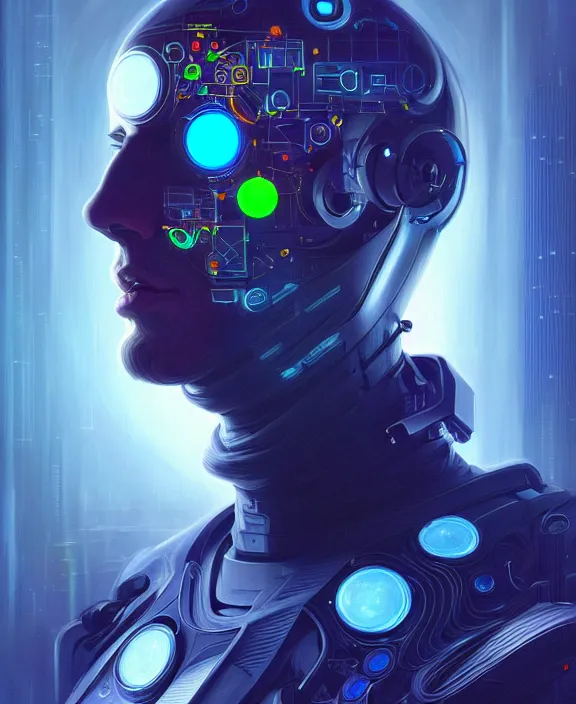 Image similar to a whirlwind inside the metaverse, guy, male, man, science, machine face, futuristic, hologram, half body, neurochip, android, cyberpunk face, by loish, d & d, fantasy, intricate, elegant, highly detailed, colorful, digital painting, artstation, concept art, art by artgerm and greg rutkowski and alphonse mucha