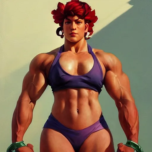 Image similar to greg manchess portrait of hibiscus - man as roided thick muscular weightlifter zarya from overwatch fantasy medium shot, asymmetrical, profile picture, organic painting, sunny day, matte painting, bold shapes, hard edges, street art, trending on artstation, by huang guangjian and gil elvgren and sachin teng