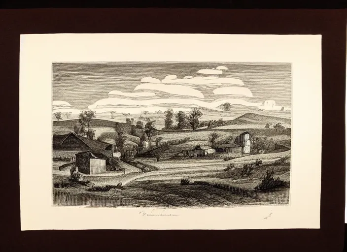 Image similar to a beautiful engraving print on paper of rural landscape with a farm