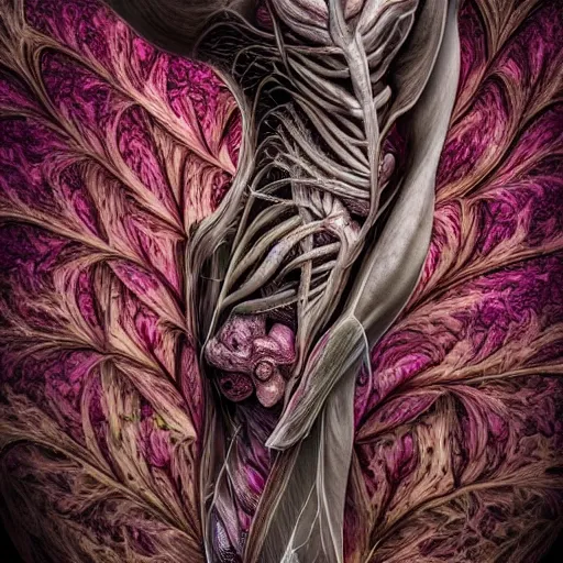 Prompt: a beautiful detailed photo of a rotten woman corpse slash in a half morphing into fractal plants and fractal flowers and mushrooms, muscles, veins, anatomical, intricate, ornate, volumetric light, beautiful lit, romero ressendi