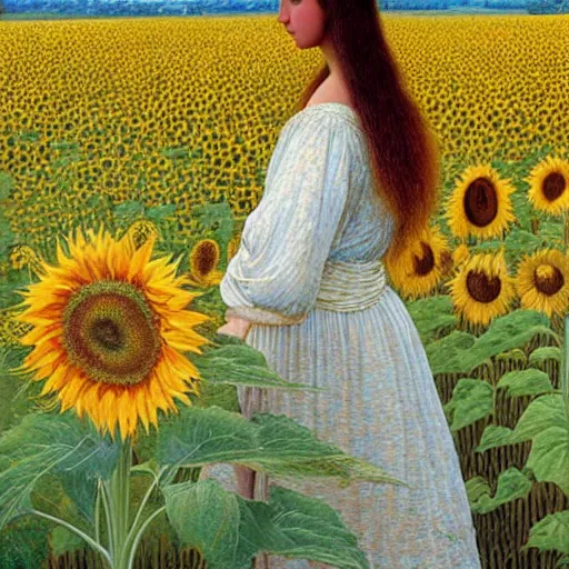 Image similar to a girl in amazing tall sunflower field, her hair flowing down, subtle, intricate details, real masterpiece, oil on canvas, by johfra bosschart, felice casorati