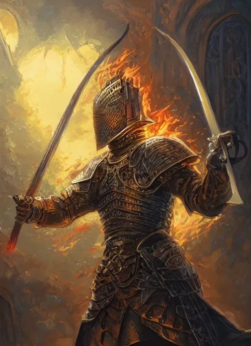 Image similar to character illustration of a knight wielding a flaming sword, night sky, intricate, highly detailed, digital painting, artstation, illustration, sharp focus, Dungeons and Dragons art, art by ralph horsley and greg rutkowski