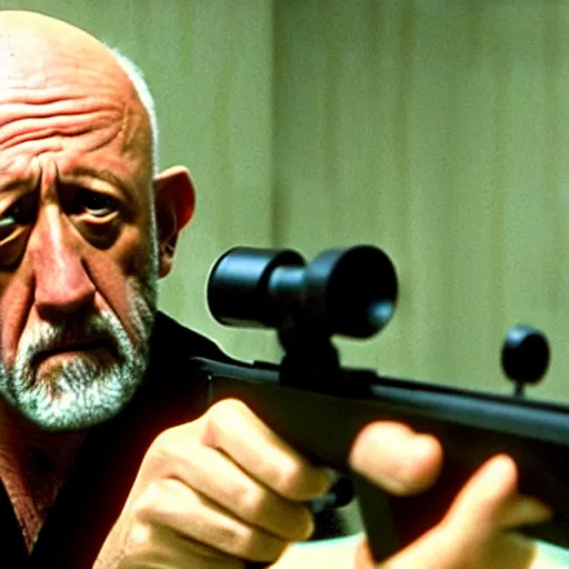 Image similar to Film still of Mike Ehrmantraut aiming with a !!!!!sniper rifle!!!!!, 4k, !!!!highly detailed!!!!