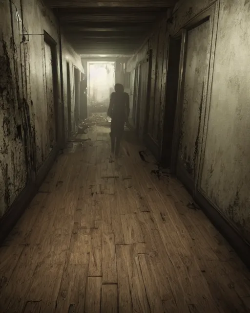 Image similar to Resident Evil 7, American gothic interior, wooden floor, atmospheric, nighttime scene, photorealistic narrow hallway with broken windows, horror