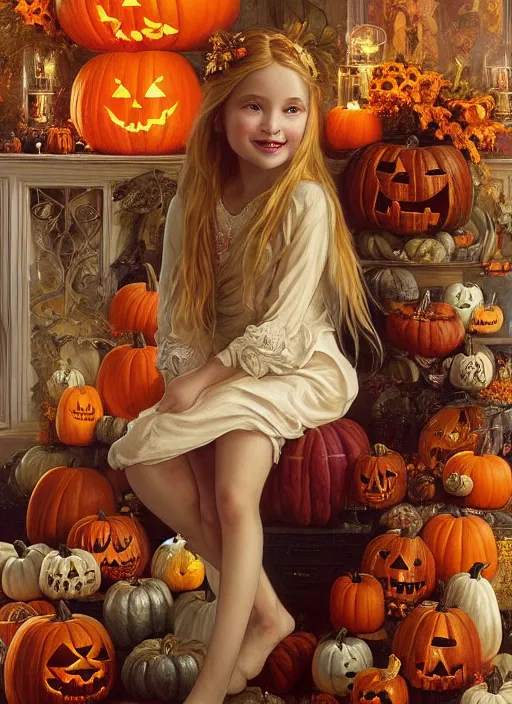 Image similar to a happy little girl with long straight golden blonde hair sitting amidst halloween decor, skulls and pumpkins. beautiful highly detailed face, beautiful painting by artgerm and greg rutkowski and alphonse mucha