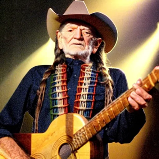 Image similar to willie nelson on stage, four fingers holding guitar. god rays through fog.