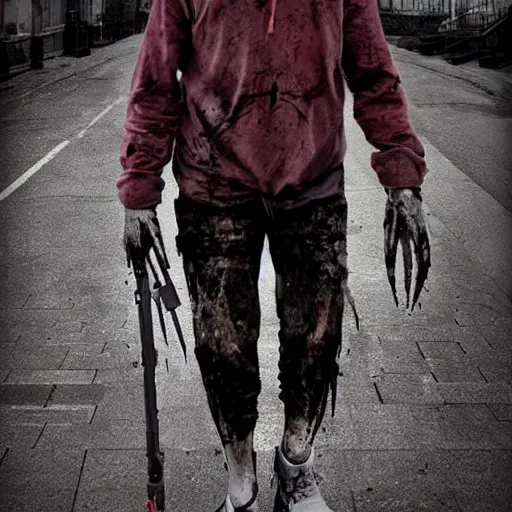 Image similar to a walking undead human in the streets, ballistic style, ultrarealistic