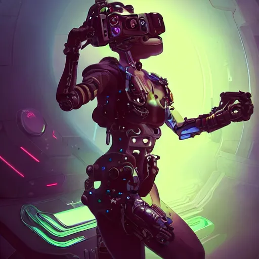 Image similar to portrait of a beautiful cybernetic tankgirl wearing an oculus rift headset, cyberpunk concept art by pete mohrbacher and artgerm and wlop and deathburger and syd mead, digital art, highly detailed, intricate, sci-fi, neon colors, sharp focus, Trending on Artstation HQ, deviantart, unreal engine 5, 4K UHD image