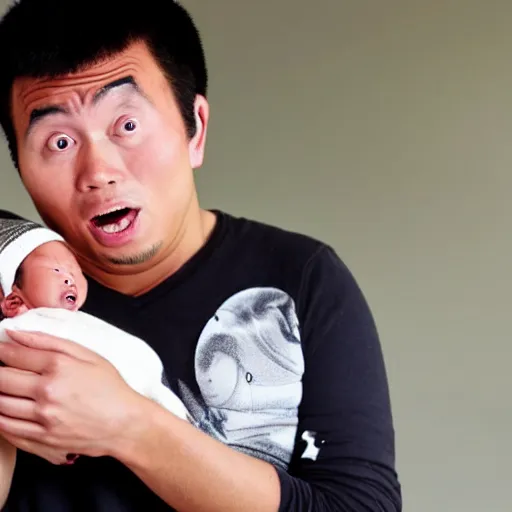 Image similar to a shocked asian man holding his newborn black baby