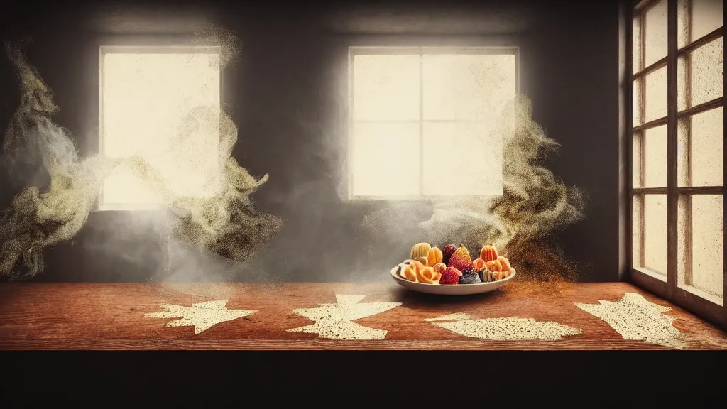 Prompt: we’re all made up stars theme, various fruits on a ornated porcelain plate on a wooden intricated table, ancien abandoned kitchen, detailed, photorealism, autumn rays of light come from the window, diffuse light, smoky background, fluid coloured smoke, octane render