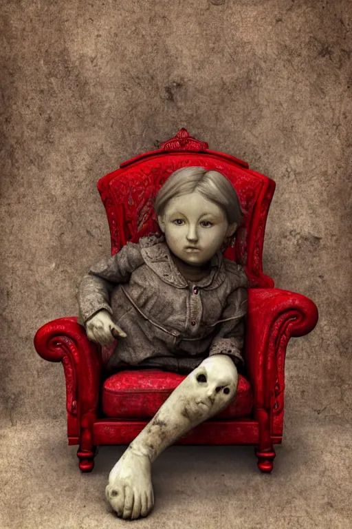 Prompt: photorealistic front view sad pale victorian ai child sitting on a red sofa made of human bones in a surreal landscape, depth of field, intricate, highly detailed, high quality, realistic, sharp focus, soft glow