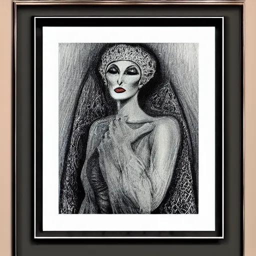 Image similar to Norma Desmond, pencil drawing. El Greco, Remedios Varo, Salvador Dali, Carl Gustav Carus, John Atkinson Grimshaw. Blue tint. Symetrical, logo, geometric shapes.