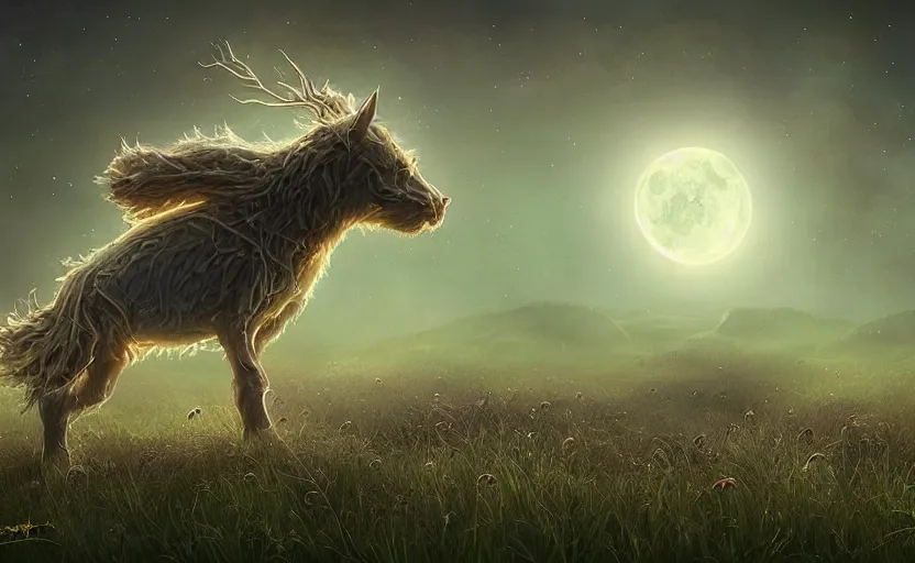 Prompt: a whimsical magical glowing creature in a field, beautiful, cool dynamic lighting, moonlight, atmospheric, cinematic, highly detailed digital art, painted by scott musgrove