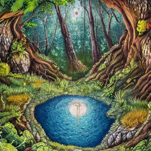 Prompt: an ultra detailed painting of a fantasy forest, nestled in a riverbank is a geode that contains a witch's den in it