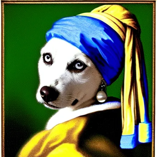 Prompt: A stupid husky with a pearl earring by Johannes Vermeer