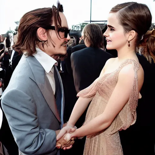 Prompt: emma watson and johnny depp shaking hands