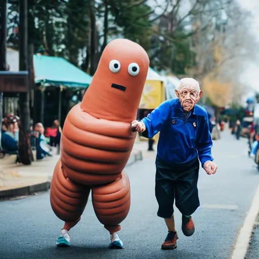 Prompt: An elderly man being chased by a sentient humanoid sausage, Canon EOS R3, f/1.4, ISO 200, 1/160s, 8K, RAW, unedited, symmetrical balance, in-frame