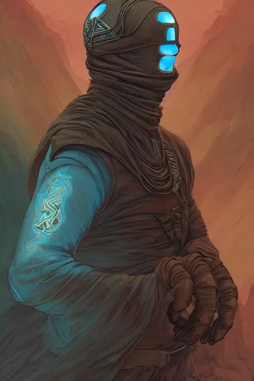 Image similar to dune themed majestic paul atreides glowing blue eyed fremen warrior, desert breathing armor, graffiti, street art sketch by sachin teng, moebius, artgerm, michael cheval, esao andrews, francois boucher, masterpiece, intricate organic painting, matte painting, hard edges, highly detailed, cinematic lighting character art movie poster by drew struzan