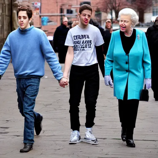 Prompt: pete davidson walking on the street, holding hands with queen elizabeth, candid photo