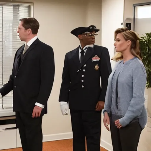 Prompt: a still of from the office crossover with the the navy