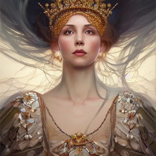 Image similar to a realistic liquid queen with a decorated dress made of white pearls , highly detailed, digital painting, Trending on artstation , HD quality, by artgerm and greg rutkowski and alphonse mucha, dramatic light, octane