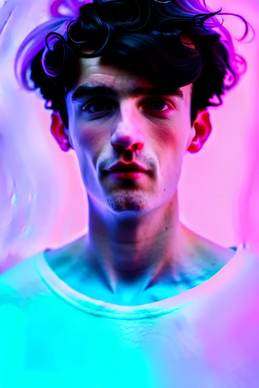 Image similar to high quality pastel coloured film mid angle selfie photograph of a beautiful young 2 0 year old male, soft features, black hair, standing in an icelandic black rock environment. atmospheric. three point light. photographic. art directed. ( pastel colours ). volumetric light. sheen. waves glitch. 8 k. filmic.