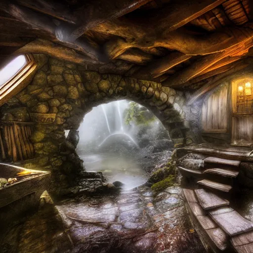 Prompt: inside a medieval hobbit home, ornate, beautiful, atmosphere, vibe, mist, smoke, chimney, rain, wet, pristine, puddles, waterfall, melting, snow, creek, lush, ice, bridge, forest, flowers, akihiko yoshida