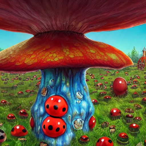 Prompt: 4 k headshot portrait of a psychedelic demonic anthropomorphic ladybug with mushroom themed clothes, magic mushroom village in background by jeff easley, award winning, stylized neon, post - processing, masterpiece, superb resolution. in the art style of junji ito and greg rutkowski. detailed mushroom city in background. hyper realistic anime. perfect art. dalle 2