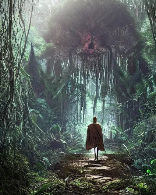 Image similar to a wise wizard walking towards a ravenous, horrific ruin of hades in a densely overgrown, magical jungle, fantasy, dreamlike sunraise, stopped in time, dreamlike light incidence, ultra realistic